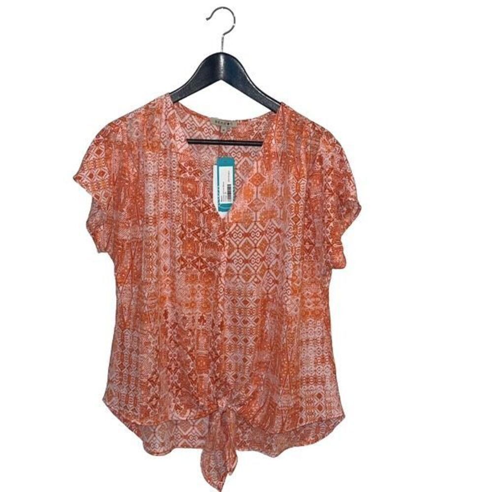 Beacon Womens Avianna Tie Front V Neck Hi‎ Low Blouse Top Orange Medium NWT
